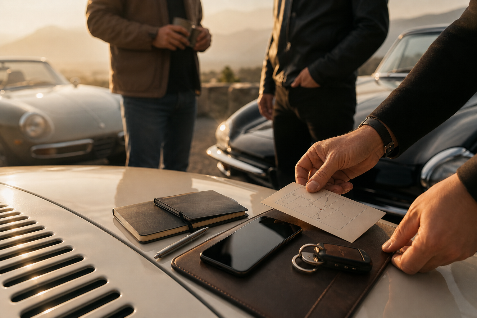 Preparation d'un roadbook sur le capot d'une voiture avant une sortie
